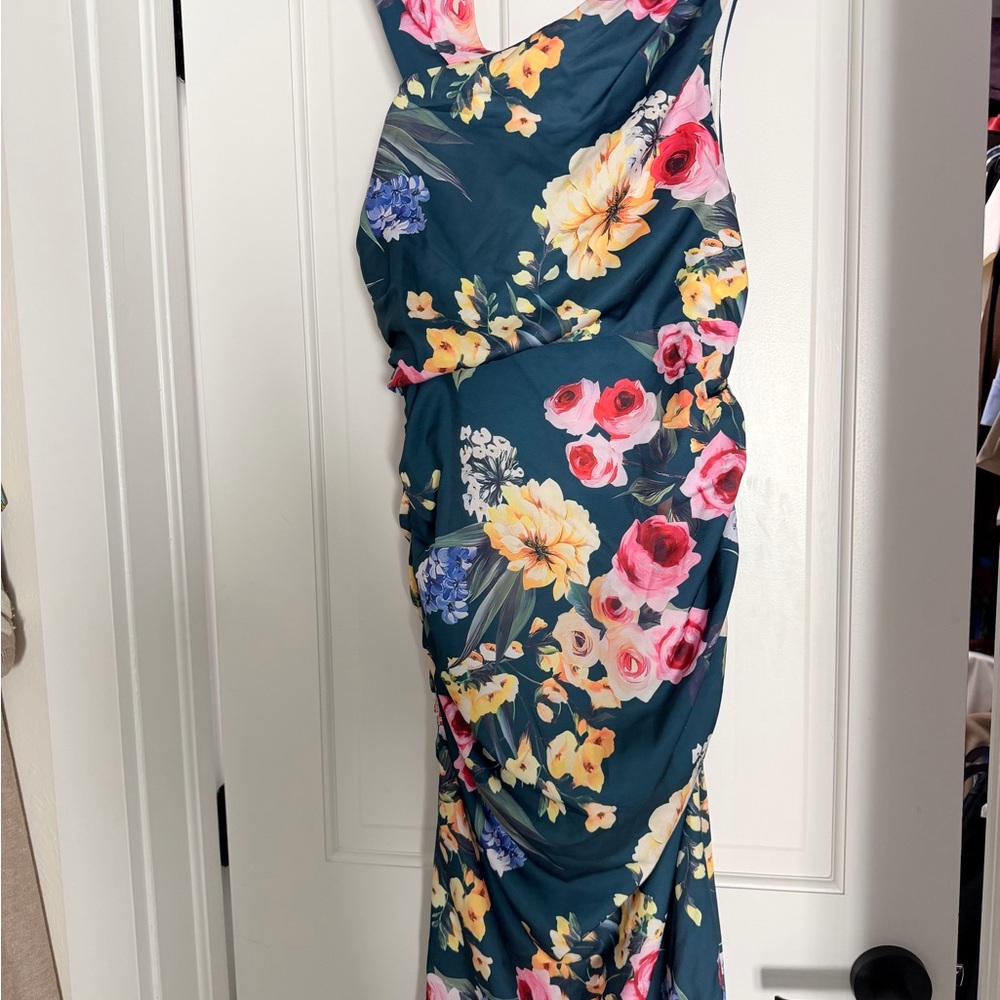 Teal Floral Print midi  Dress